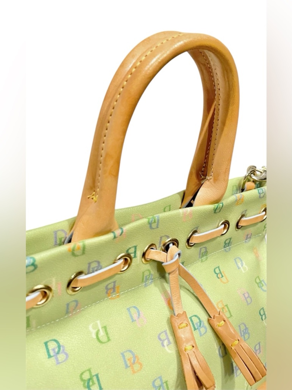RARE DOONEY & BOURKE VINTAGE Y2K GREEN MULTICOLOR RAINBOW MONOGRAM TASSEL TOTE - Picture 12 of 13
